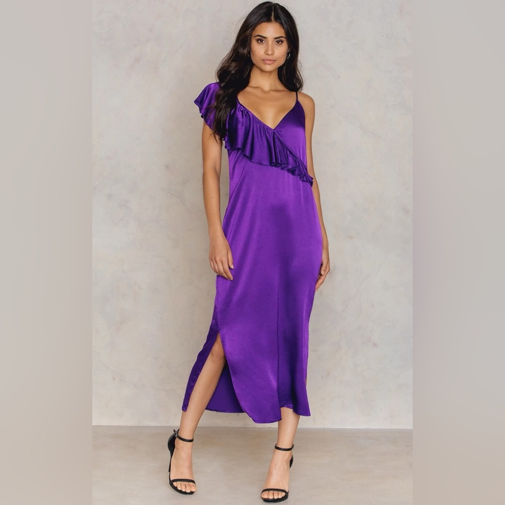 NA-KD Asymmetric Frill Midi Slip Dress Purple Size 36/Small